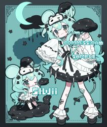 Rule 34 | absurdres, animal ears, aqua background, aqua hair, black cloud, black clouds, black ribbon, copyright request, crescent moon, hair ornament, highres, long sleeves, moon, mouse ears, mouse girl, mouse tail, ribbon, sleeves past fingers, sleeves past wrists, slwii2, tail