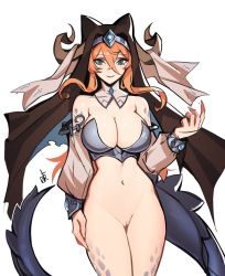 Rule 34 | 1girl, armor, blue eyes, boobplate, breastplate, breasts, cleavage, cleft of venus, closed mouth, curled horns, detached collar, detached sleeves, distr, dragon girl, dragon tail, fingernails, hair between eyes, hand up, highres, horns, large breasts, long sleeves, looking at viewer, navel, orange hair, original, pussy, revealing clothes, scales, sharp fingernails, silver dragon girl (distr), simple background, smile, solo, standing, tail, uncensored, veil, white background