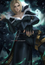 Rule 34 | 1girl, benedikta harman, blonde hair, breasts, cleavage, closed mouth, cropped legs, feather collar, final fantasy, final fantasy xvi, fingerless gloves, fur collar, fur trim, gloves, hand on own crotch, holding, holding smoking pipe, large breasts, leather, leather pants, leather vest, looking at viewer, low neckline, nail polish, pants, patreon logo, patreon username, short hair, signature, smoking pipe, solo, standing, wei (promise 0820), yellow eyes, yellow nails