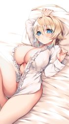 Rule 34 | absurdres, ahoge, bed, bed sheet, blazblue, blonde hair, blouse, blue eyes, breasts, es (xblaze), highres, hime gyo, huge ahoge, large breasts, long sleeves, looking at viewer, lying, no panties, no pants, open clothes, open shirt, pillow, shirt, solo