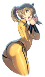 Rule 34 | 10s, 1girl, :o, ahoge, ass, belt, bodysuit, brown eyes, brown hair, homare (fool&#039;s art), leaning forward, looking back, misaki yuria, open mouth, simple background, skin tight, solo, surprised, twintails, uchuu senkan yamato, uchuu senkan yamato 2199, white background