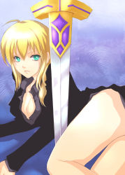 Rule 34 | 1girl, ahoge, artoria pendragon (fate), ass, blonde hair, breasts, cleavage, dress shirt, fate/zero, fate (series), green eyes, jacket, large breasts, naomi8136, planted sword, planted, ponytail, saber (fate), shirt, solo, sword, weapon