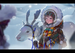 Rule 34 | 1girl, animal, belt, blurry, blurry foreground, brown eyes, brown hair, buckle, diami, fur trim, headband, highres, leash, letterboxed, looking at viewer, open mouth, original, pom pom (clothes), reindeer, short hair, snowing, solo, upper body, winter clothes
