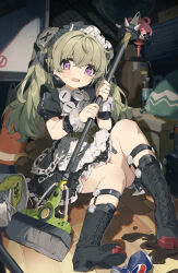 Rule 34 | 1girl, absurdres, apron, belt, black dress, blurry, blush, boots, can, chain, commentary, coria, corin wickes, cross-laced footwear, depth of field, dress, full body, green hair, hair between eyes, high belt, highres, holding, lace-up boots, long hair, looking at viewer, maid, maid apron, maid headdress, open mouth, pepsi, puffy short sleeves, puffy sleeves, purple eyes, short dress, short sleeves, sitting, sweatdrop, symbol-only commentary, twintails, white apron, zenless zone zero