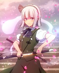 Rule 34 | bad id, bad pixiv id, black bow, black bowtie, black ribbon, blue eyes, blunt bangs, blush, bow, bowtie, buttons, closed mouth, collared shirt, cowboy shot, drawing sword, dress shirt, floating, ghost, glint, green skirt, green vest, hair ribbon, hairband, hitodama, holding, holding sword, holding weapon, konpaku youmu, konpaku youmu (ghost), looking at viewer, mikomiko (mikomikosu), outdoors, petals, puffy short sleeves, puffy sleeves, ribbon, shaded face, sheath, sheathed, shirt, short hair, short sleeves, silver hair, skirt, smile, solo, sparkle, stairs, standing, sword, touhou, tsurime, unsheathed, unsheathing, vest, weapon