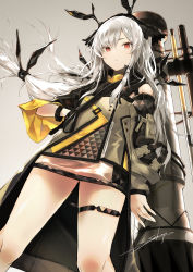 Rule 34 | 1girl, arknights, bare legs, bare shoulders, cannon, commentary, detached sleeves, expressionless, feet out of frame, grey background, grey jacket, hand in pocket, highres, jacket, long hair, long sleeves, looking at viewer, low-tied long hair, red eyes, sakusyo, sidelocks, signature, silver hair, simple background, solo, standing, thigh strap, thighs, very long hair, weapon, weapon on back, weedy (arknights)