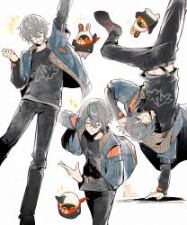 &gt;_&lt; 1boy 1other artist_name bangboo_(zenless_zone_zero) black_pants black_shirt blue_jacket breakdance closed_eyes closed_mouth commentary english_commentary eous_(zenless_zone_zero) grey_hair highres jacket looking_at_viewer mint-tan orange_scarf pants scarf shirt shoes simple_background smile upside-down white_background white_footwear wise_(zenless_zone_zero) zenless_zone_zero