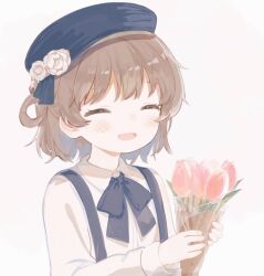 Rule 34 | 1girl, beret, blush, bouquet, brown hair, closed eyes, collared shirt, commentary request, commission, fang, flower, grey background, hat, hat flower, hatoba tsugu, holding, holding bouquet, holding flower, long sleeves, mole, mole under eye, nprmtp, open mouth, red flower, red tulip, shirt, short hair, simple background, skeb commission, skirt, solo, suspender skirt, suspenders, tsugu (vtuber), tulip, upper body, virtual youtuber, white flower, white footwear, white shirt