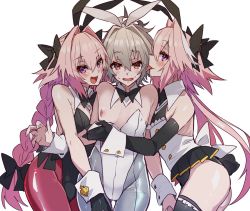 Rule 34 | 3boys, animal ears, ass, astolfo (fate), astolfo (saber) (fate), bare shoulders, blush, bow, bowtie, braid, braided ponytail, commentary request, cowboy shot, detached collar, fake animal ears, fate/apocrypha, fate/grand order, fate (series), grey hair, hair between eyes, hair bow, haoro, leotard, long hair, looking at viewer, male focus, male playboy bunny, multicolored hair, multiple boys, nipples, open mouth, pantyhose, pink hair, playboy bunny, purple eyes, rabbit ears, red eyes, sieg (fate), simple background, sleeveless, standing, strapless, strapless leotard, streaked hair, thighhighs, tongue, trap, two-tone hair, white background, white hair, wrist cuffs