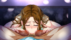 Rule 34 | 1girl, blush, boshi soukan game ~haha wo haramaseru made tanetsuke suru onsen ryokan~, bottomless, breasts, breasts out, breath, brown hair, censored, deepthroat, embarrassed, fellatio, highres, indoors, jewelry, large breasts, legs, long hair, lying, male pubic hair, mosaic censoring, nipples, oral, original, penis, pov, pubic hair, ring, sleeveless, spices (artist), spread legs, steaming body, thighs, wedding band