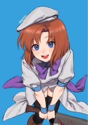 Rule 34 | 1girl, beret, billhook, blood, bloody weapon, blue background, blue eyes, blush, boots, bow, bowtie, brown footwear, brown hair, dated, hands on own knees, hat, higurashi no naku koro ni, knee boots, leaning forward, looking at viewer, nata (tool), noriuma, purple bow, purple bowtie, purple ribbon, ribbon, ryuuguu rena, short hair, smile, solo, teeth, thighhighs, thighs, tongue, weapon