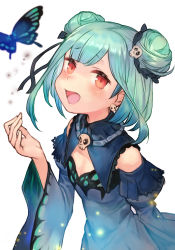 1girl, bangs, black ribbon, blush, bug, butterfly, detached sleeves, double bun, dress, earrings, eyebrows visible through hair, green hair, hair ornament, hair ribbon, hand up, hololive, hungry clicker, insect, jewelry, looking at viewer, open mouth, purple dress, red eyes, ribbon, short hair, skull, skull earrings, skull hair ornament, skull necklace, upper body, uruha rushia, virtual youtuber