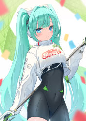 Rule 34 | 1girl, absurdres, aqua hair, asymmetrical bodysuit, black bodysuit, black gloves, blue eyes, blunt bangs, blush, bodysuit, boots, breasts, closed mouth, covered navel, cowboy shot, crop top, crop top overhang, cropped jacket, flag, flagpole, flame print, gloves, goodsmile racing, green gloves, hair intakes, hatsune miku, highres, hitsuji (myn mei), holding, holding flag, holding pole, long hair, long sleeves, looking at viewer, medium breasts, pole, racing miku, racing miku (2022), single thigh boot, single thighhigh, smile, smiley face, solo, thigh boots, thighhighs, turtleneck, twintails, two-tone gloves, very long hair, vocaloid