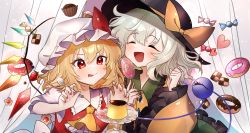 Rule 34 | 2girls, :d, absurdres, bad id, bad pixiv id, black headwear, blonde hair, blouse, blush, bow, candy, checkerboard cookie, clenched hand, closed eyes, cookie, cupcake, doughnut, flandre scarlet, food, glint, hat, hat bow, highres, holding, holding spoon, huge filesize, komeiji koishi, lollipop, mob cap, multiple girls, nail polish, omodaka romu, open mouth, orange bow, pudding, red eyes, red nails, shirt, short hair, silver hair, simple background, smile, spoon, tongue, tongue out, touhou, upper body, white headwear, wings, wrapped candy, yellow neckwear, yellow shirt