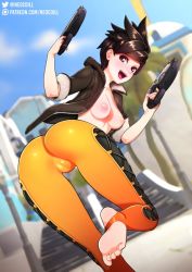 Rule 34 | 1girl, ass, barefoot, breasts, breasts out, brown eyes, brown hair, cameltoe, day, dual wielding, feet, gun, holding, jacket, leather, leather jacket, looking back, medium breasts, neocoill, nipples, open mouth, outdoors, overwatch, overwatch 1, partially undressed, short hair, smile, soles, solo, toeless legwear, toes, tracer (overwatch), weapon