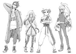 Rule 34 | 1boy, 3girls, arm up, bandages, belt, bracelet, cape, closed mouth, coat, collarbone, dark skin, double bun, ear piercing, earrings, greyscale, hair bun, hand in pocket, hatching (texture), highres, jacket, jacket on shoulders, jewelry, long hair, monochrome, multiple girls, necklace, original, own hands together, piercing, pikat, ponytail, scar, scar on arm, scar on face, scar on neck, sharp teeth, shoes, signature, single hair bun, sneakers, standing, teeth, thighhighs, torn cape, torn clothes, torn legwear, zipper, zipper pull tab