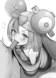 Rule 34 | 1boy, 1girl, absurdres, biting, blush, bow-shaped hair, breasts, censored, character hair ornament, clothed female nude male, creatures (company), danger play, eyelashes, fellatio, game freak, gen 1 pokemon, greyscale, hair ornament, hetero, highres, iono (pokemon), long hair, looking at viewer, magnemite, medium breasts, monochrome, nintendo, nude, oral, oversized clothes, penis, penis biting, pokemon, pokemon sv, putama, sharp teeth, simple background, sweat, teeth, very long hair