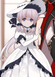 Rule 34 | 1girl, :o, aged down, azur lane, black footwear, blue eyes, boots, child, clinging, detached collar, dishwasher1910, dress, elbow gloves, gloves, hair ribbon, hand on another&#039;s arm, hat, hat ribbon, highres, holding another&#039;s arm, illustrious (azur lane), lace trim, long hair, looking at viewer, nail polish, out of frame, ponytail, puffy short sleeves, puffy sleeves, red nails, ribbon, short sleeves, shy, sidelocks, silver hair, solo focus, standing, sun hat, thigh boots, thighhighs, tress ribbon, very long hair, white dress, white gloves, white headwear