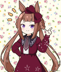 Rule 34 | 1girl, animal ears, bow, braid, brown background, brown hair, closed mouth, collared dress, commentary request, dress, floral background, hair bow, hair rings, hand on own hip, hand up, horse ears, horse girl, horse tail, index finger raised, long hair, long sleeves, mitya, notice lines, puffy long sleeves, puffy sleeves, purple bow, purple dress, purple eyes, smile, solo, sweep tosho (umamusume), tail, twin braids, umamusume, very long hair