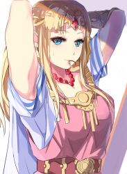 Rule 34 | 1girl, armpits, arms behind head, arms up, bad id, bad pixiv id, blonde hair, blue eyes, blush, breasts, closed mouth, cowboy shot, dress, earrings, hair ornament, hair tie in mouth, highres, jewelry, long hair, looking at viewer, medium breasts, mouth hold, nintendo, pointy ears, princess zelda, smile, solo, super smash bros., sweat, the legend of zelda, the legend of zelda: a link between worlds, tiara, tomas (kaosu22), triforce, tying hair, upper body