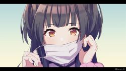 Rule 34 | 1girl, agata (agatha), black hair, blue background, blunt bangs, blush, brown eyes, commentary, gradient background, highres, idolmaster, idolmaster shiny colors, letterboxed, long hair, long sleeves, looking at viewer, mask, mayuzumi fuyuko, mouth mask, nail polish, pink nails, pink shirt, portrait, removing mask, shirt, solo, surgical mask, twitter username, two side up, yellow background