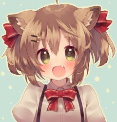Rule 34 | 1girl, ahoge, animal ear fluff, animal ears, blue background, blush, bow, bowtie, brown hair, cat ears, character request, collared shirt, commentary request, copyright request, fang, green eyes, hair bow, hair ornament, hairclip, looking at viewer, open mouth, outline, paw hair ornament, puffy short sleeves, puffy sleeves, red bow, red bowtie, shirt, short hair, short sleeves, short twintails, simple background, smile, solo, star (symbol), starry background, suspenders, twintails, upper body, usamata, white shirt, white sleeves, yellow outline