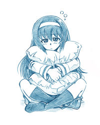 Rule 34 | 1girl, bbb (friskuser), blue theme, blush, closed mouth, commentary request, crossed legs, full body, girls und panzer, hair between eyes, hairband, kneehighs, long hair, long sleeves, looking at viewer, monochrome, no shoes, hugging object, ooarai school uniform, own hands together, pillow, pillow hug, reizei mako, school uniform, shadow, shirt, sitting, skirt, sleepy, socks, solo, very long hair, white background
