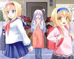 Rule 34 | 3girls, :d, :o, alice margatroid, alice margatroid (pc-98), alternate costume, anni minto, apron, backpack, bag, blonde hair, blue eyes, blush, demon wings, dual persona, closed eyes, fang, female focus, hair bobbles, hair ornament, light purple hair, long hair, mature female, multiple girls, mystic square, open mouth, own hands clasped, own hands together, randoseru, school uniform, shinki (touhou), short hair, side ponytail, smile, time paradox, touhou, touhou (pc-98), wings, yellow eyes