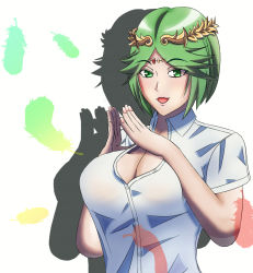 Rule 34 | 1girl, breasts, cleavage, green hair, highres, jewelry, kid icarus, kid icarus uprising, large breasts, laurel crown, nintendo, open mouth, out tome, palutena, short hair