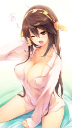 Rule 34 | 10s, 1girl, ahoge, arm up, bed, between legs, breasts, brown eyes, brown hair, cleavage, collarbone, dress shirt, hair between eyes, hairband, hand between legs, haruna (kancolle), highres, ichikawa noa, kantai collection, large breasts, long hair, naked shirt, one eye closed, open mouth, shirt, sidelocks, sleeves past wrists, solo, thighs, waking up, yawning