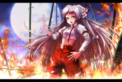 Rule 34 | 1girl, bamboo, bamboo forest, bow, fire, forest, fujiwara no mokou, full moon, hair bow, hair ribbon, highres, juliet sleeves, letterboxed, long hair, long sleeves, looking at viewer, midriff, moon, nature, navel, night, nuka (nvkka), nvkka, open fly, open mouth, pants, puffy sleeves, red eyes, ribbon, shirt, silver hair, sky, solo, suspenders, torn clothes, torn shirt, touhou, tress ribbon, unzipped, very long hair