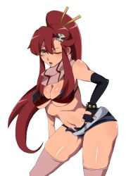 Rule 34 | 1girl, belt, bikini, bikini top only, breasts, cleavage, cowboy shot, elbow gloves, female focus, fingerless gloves, flame print, gloves, gyoi, hair ornament, hand on own hip, large breasts, leaning forward, long hair, looking at viewer, navel, one eye closed, pink thighhighs, ponytail, red hair, scarf, short shorts, shorts, simple background, skindentation, skull hair ornament, solo, studded bracelet, swimsuit, tengen toppa gurren lagann, thighhighs, white background, yellow eyes, yoko littner