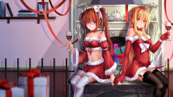 Rule 34 | 00s, 2girls, alcohol, bad id, bad pixiv id, bare shoulders, blonde hair, blue eyes, brown hair, christmas, detached sleeves, elbow gloves, fate testarossa, garter straps, gift, glass, gloves, holding hands, highres, iceky, lyrical nanoha, mahou shoujo lyrical nanoha, mahou shoujo lyrical nanoha strikers, midriff, multiple girls, red eyes, red gloves, ribbon, santa costume, side ponytail, takamachi nanoha, thighhighs, wine, zettai ryouiki