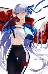 Rule 34 | 1girl, absurdres, black pants, blue eyes, blue jacket, blue ribbon, blush, breasts, cropped jacket, fate/extra, fate/extra ccc, fate/grand order, fate (series), hair ribbon, heroic spirit tour outfit, high-waist pants, highres, jacket, jewelry, long hair, long sleeves, looking at viewer, meltryllis (fate), navel, necklace, pants, purple hair, ribbon, shei99, sleeves past fingers, sleeves past wrists, small breasts, smile, solo, very long hair