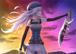 Rule 34 | 1girl, beret, dual wielding, eiyuu densetsu, elbow gloves, fie claussell, floating hair, gloves, gunblade, hat, highres, holding, holding weapon, kuro no kiseki, long hair, skirt, solo, sunset, weapon, white hair, witch f, yellow eyes
