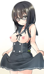 Rule 34 | 1girl, bad id, bad pixiv id, bare shoulders, beige background, black-framed eyewear, black eyes, black hair, black ribbon, blush, braid, breasts, breasts out, buttons, clothes lift, cowboy shot, double-breasted, glasses, gradient background, hair ornament, hair scrunchie, highres, lace, lace-trimmed skirt, lace trim, long hair, looking at viewer, medium breasts, nekobaka, nipples, open mouth, original, ribbon, scrunchie, simple background, single braid, skirt, skirt hold, skirt lift, sleeveless, solo, wavy mouth