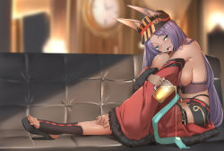Rule 34 | 1girl, absurdres, alcohol, animal ears, aqua eyes, bare shoulders, beer, blurry, blurry background, blush, breasts, bustier, couch, cup, dark-skinned female, dark skin, detached sleeves, drunk, ears through headwear, fangs, fate/grand order, fate (series), feet, full body, fur trim, half-closed eyes, hat, high heels, highres, hugging own legs, indoors, large breasts, long hair, looking at viewer, mug, nose blush, open mouth, platform footwear, purple hair, queen of sheba (dollar-cent shop) (fate), queen of sheba (fate), revealing clothes, ryu jiao, sideboob, sitting, smile, solo, spilling, toeless footwear, toes, very long hair, wide sleeves