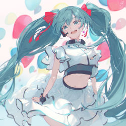Rule 34 | 1girl, :d, aqua eyes, aqua hair, balloon, bare legs, black wrist cuffs, bow, breasts, commentary request, cowboy shot, crop top, earrings, frilled shirt, frilled skirt, frills, hair bow, hatsune miku, headset, highres, jewelry, kodamazon, large breasts, long hair, looking at viewer, midriff, open mouth, red bow, shirt, simple background, single earring, skirt, smile, solo, twintails, very long hair, vocaloid, white background, white shirt, white skirt, wrist cuffs