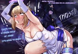 2girls absurdres ahoge anal animal_penis armpits arms_up artoria_pendragon_(all) artoria_pendragon_(fate) back_bow bdsm bestiality blonde_hair blue_bow blush bondage bound bound_wrists bow braid braided_bun breasts choker collarbone dress dress_bow english_text erbrobruh fate/stay_night fate_(series) garter_straps hair_bun highres horse horse_penis large_breasts legwear_garter medea_(fate) medium_skirt multiple_girls nervous official_alternate_costume open_mouth penis restrained saber_(fate) skirt sound_effects stomach_bulge strapless strapless_dress sweat tearing_clothes torn_clothes white_choker white_dress