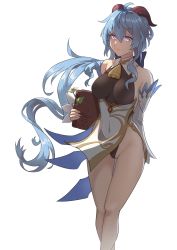 Rule 34 | 1girl, absurdres, artist name, artist self-insert, bare shoulders, bell, black bodysuit, blue hair, bodice, bodysuit, book, closed mouth, commentary request, covered erect nipples, cowbell, cqc no hashi neko, dated, detached sleeves, flower, ganyu (genshin impact), genshin impact, goat horns, highres, holding, horns, long hair, neck bell, purple eyes, simple background, solo, white background, white flower
