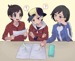 Rule 34 | 3boys, :d, :o, ?, backwards hat, baseball cap, black shirt, blue jacket, brown eyes, brown hair, buttons, calem (pokemon), collared shirt, commentary request, creatures (company), ethan (pokemon), game freak, hat, highres, holding, jacket, long sleeves, looking down, male focus, multiple boys, nintendo, open mouth, paper, pencil case, pointing, pokemon, pokemon hgss, pokemon swsh, pokemon xy, red jacket, red shirt, sana (37pisana), shirt, short hair, sleeves rolled up, smile, spoken question mark, sweatdrop, table, teeth, tongue, upper teeth only, victor (pokemon), yellow background