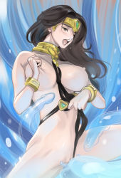Rule 34 | 1girl, blush, bracelet, breasts, brown eyes, brown hair, dytm, headpiece, highres, jewelry, large breasts, long hair, nipples, onna senshi (dtym), open mouth, original, pussy, grabbing own breast, slingshot swimsuit, solo, swimsuit, tentacles, uncensored