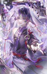 Rule 34 | 1boy, absurdres, beckoning, bishounen, detached sleeves, genshin impact, glint, highres, light particles, looking at viewer, male focus, open mouth, outstretched hand, purple eyes, purple hair, reaching, reaching towards viewer, scaramouche (genshin impact), short hair, solo, sparkle, string, string of fate, tassel, veil, wanderer (genshin impact), zhumojian