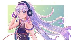 Rule 34 | .live, 1girl, black dress, blush, breasts, carro pino, closed mouth, commentary request, dress, gradient hair, grey eyes, hair between eyes, hand on headphones, hand up, headphones, highres, konsome, long hair, medium breasts, multicolored hair, multicolored neckwear, purple hair, silver hair, sleeveless, sleeveless dress, smile, solo, upper body, very long hair, virtual youtuber, wrist cuffs