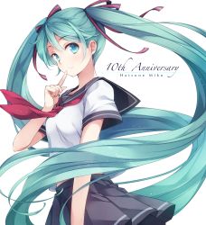 Rule 34 | 1girl, anniversary, aqua eyes, aqua hair, black skirt, blush, character name, closed mouth, finger to mouth, from side, hair ribbon, hatsune miku, highres, index finger raised, long hair, looking at viewer, matsuuni, pleated skirt, ribbon, school uniform, serafuku, short sleeves, skirt, smile, solo, twintails, very long hair, vocaloid, white background