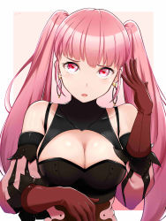 Rule 34 | 1girl, absurdres, breasts, cleavage, earrings, female focus, fire emblem, fire emblem: three houses, gloves, highres, hilda valentine goneril, j.c.14, jewelry, large breasts, long hair, matching hair/eyes, nintendo, open mouth, pink eyes, pink hair, red gloves, simple background, solo, twintails, upper body