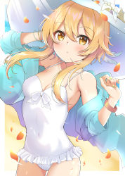 Rule 34 | 1girl, :o, absurdres, arm behind head, arm up, bare shoulders, blonde hair, blue jacket, blush, bracelet, breasts, brown eyes, casual one-piece swimsuit, cleavage, collarbone, covered navel, cowboy shot, feather hair ornament, feathers, flower, frilled swimsuit, frills, genshin impact, green nails, hair ornament, hat, hat flower, highres, jacket, jewelry, long sleeves, looking at viewer, lumine (genshin impact), nail polish, off shoulder, one-piece swimsuit, open clothes, open jacket, parted bangs, petals, short hair with long locks, side ponytail, small breasts, solo, sun hat, swimsuit, white flower, white hat, white one-piece swimsuit, yashita saki