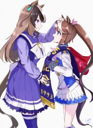 Rule 34 | 2girls, absurdres, animal ears, arima kinen, ascot, asymmetrical gloves, black gloves, blue eyes, bow, bowtie, brown hair, capelet, ear ribbon, feet out of frame, from side, gloves, high ponytail, highres, horse ears, horse girl, horse tail, horseshoe ornament, long hair, long sleeves, looking at another, melon atatame, mismatched gloves, multicolored hair, multiple girls, pink ascot, pink ribbon, pleated skirt, ponytail, purple eyes, purple shirt, purple skirt, purple thighhighs, red capelet, ribbon, sailor collar, sailor shirt, school uniform, shirt, signature, simple background, skirt, streaked hair, symboli rudolf (umamusume), tail, thighhighs, tokai teio (umamusume), tracen school uniform, two-tone hair, umamusume, white background, white bow, white bowtie, white gloves, white hair, white skirt