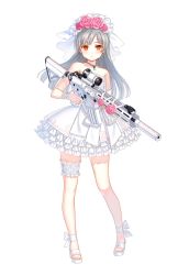 Rule 34 | 1girl, assault rifle, bare shoulders, bridal garter, bridal veil, bride, closers, dress, flower, garter straps, gun, highres, jewelry, long hair, necklace, rifle, scope, shoes, silver hair, simple background, sleeveless, sleeveless dress, solo, supernew, thigh strap, tina (closers), toeless footwear, veil, weapon, wedding dress, white background, yellow eyes