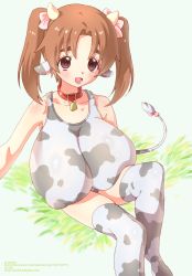 Rule 34 | 1girl, animal ears, bell, neck bell, blush, breasts, brown eyes, brown hair, collar, cow ears, cow girl, cow tail, covered erect nipples, gigantic breasts, highres, horns, looking at viewer, open mouth, ozaki (nattohda), sitting, smile, solo, tail, thighhighs, twintails